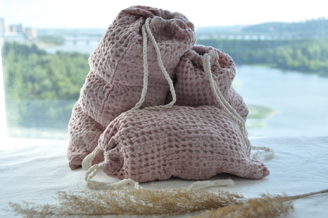 Zero waste waffle linen bag / Bags set / Reusable washable eco food storage - 束口袋双肩包 - 亚麻 粉红色