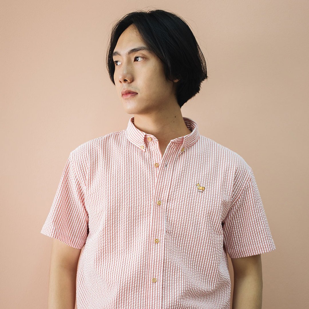 (SOLD) CORGI // red stripe // men short sleeves - 男装衬衫 - 棉 红色