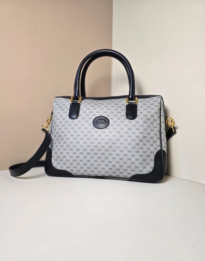 中古二手Gucci复古蓝色老花波士顿包斜背包单肩包侧孭皮革包手袋 - 侧背包/斜挎包 - 真皮 蓝色