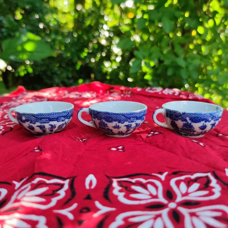 复古 50 年代日本蓝柳儿童玩耍茶杯稀有茶杯套装 - 摆饰 - 玻璃 白色