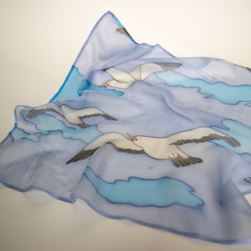 Small square silk scarf bird Pure silk hand painted scarf chiffon scarf blue - 丝巾 - 丝．绢 蓝色