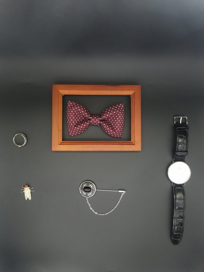 酒红色波点领结英伦风蝴蝶结新郎 - 领结/领巾 - 棉．麻 红色