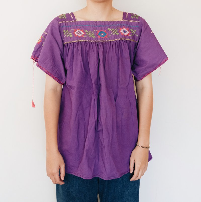 vintage 墨西哥手工刺绣方领上衣 - 女装上衣 - 棉．麻 