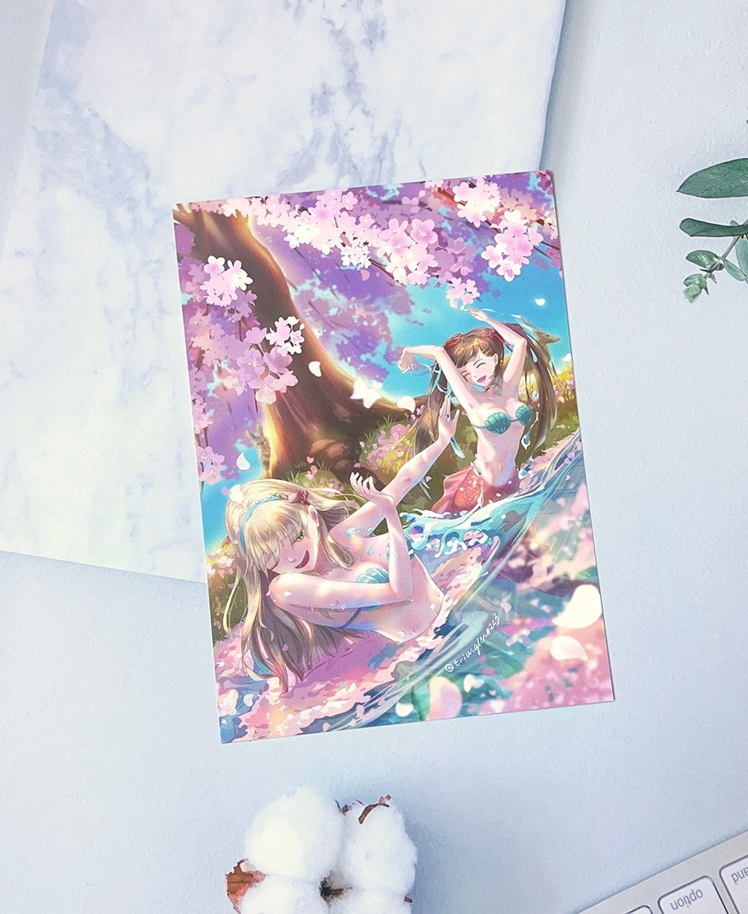 【原创】【樱花树下的美人鱼】厚卡插画明信片 l 生日卡 l 万用卡 - 卡片/明信片 - 纸 