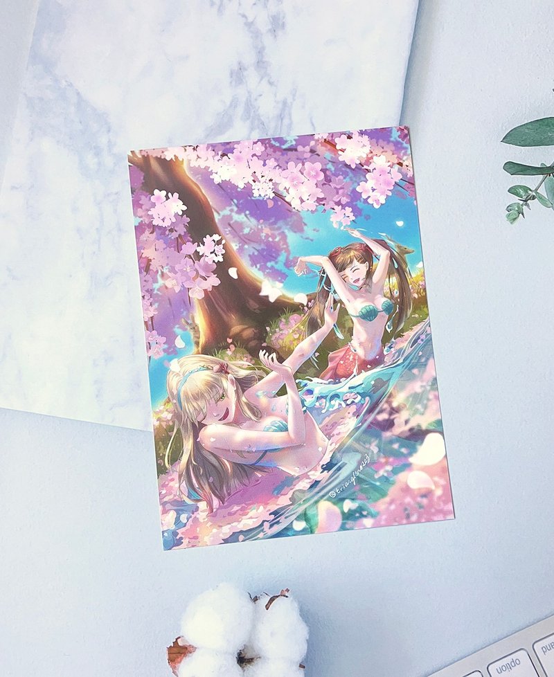 【原创】【樱花树下的美人鱼】厚卡插画明信片 l 生日卡 l 万用卡 - 卡片/明信片 - 纸 