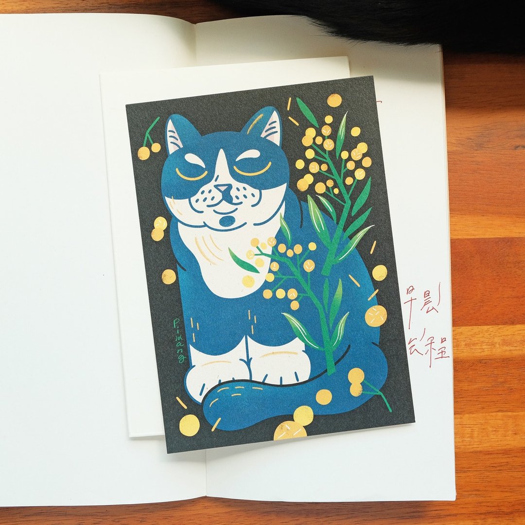 猫与花卡片 / 炭吉金合欢 - 卡片/明信片 - 纸 黑色