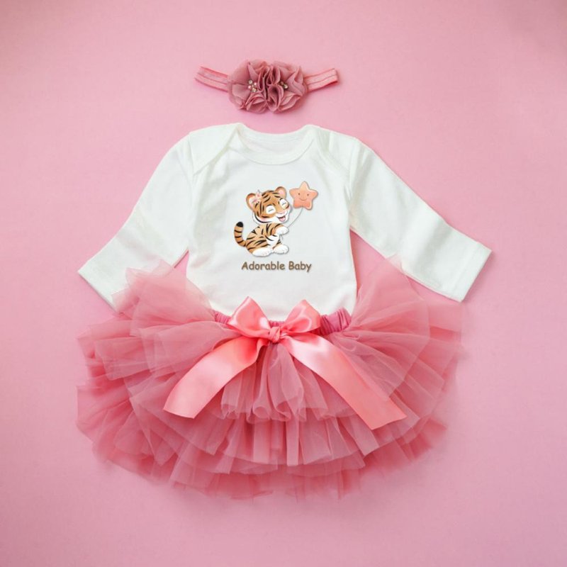 Q虎恋星+澎澎纱裙+发带 3件组礼盒-定制长袖包屁衣 周岁 满月 - 满月礼盒 - 棉．麻 粉红色