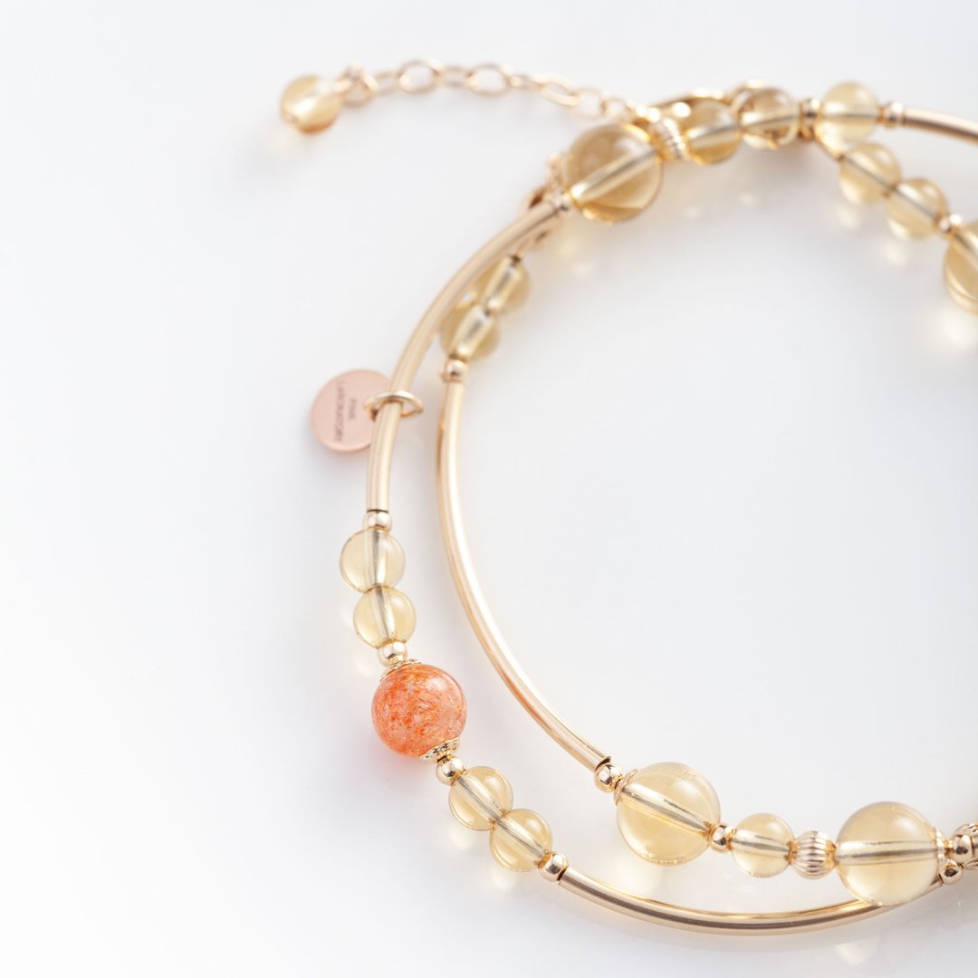 巴西黄水晶月亮石手链 | 天然水晶定制化礼物月光石两圈14KGF手链 - 手链/手环 - 宝石 多色