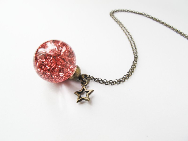 ＊Rosy Garden＊大颗橙铜色砂砾矿石碎片流动水晶玻璃球配缕空小星星项链 - 颈链 - 玻璃 橘色