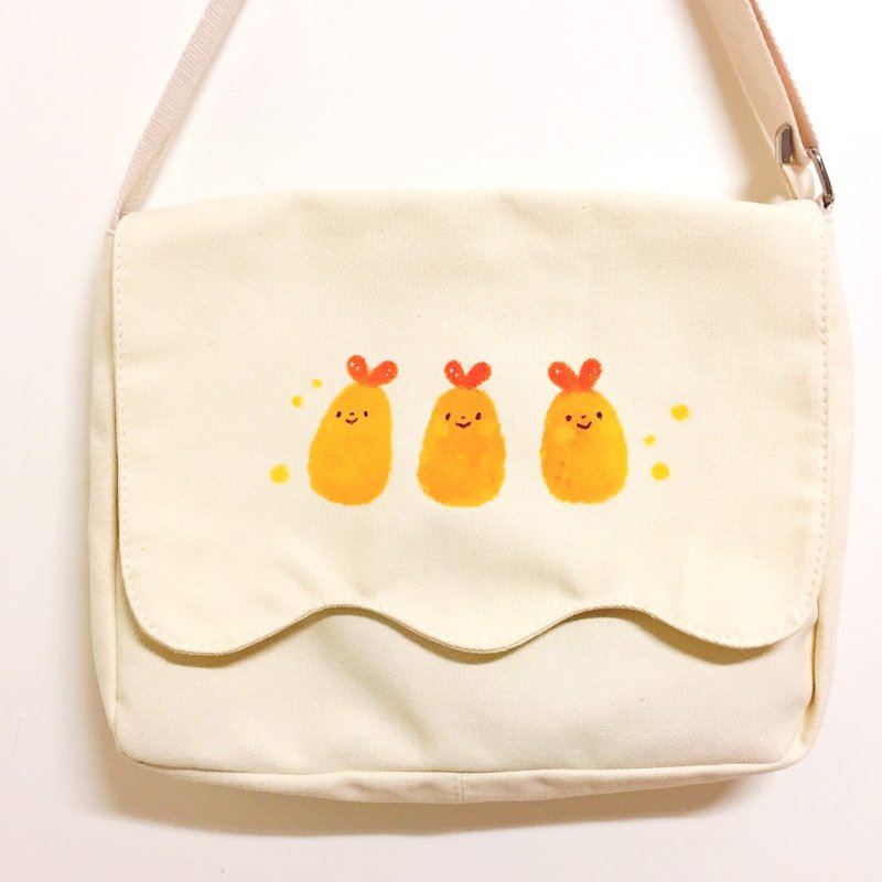 炸虾炸虾 / 手绘单肩学生包 - 侧背包/斜挎包 - 棉．麻 白色