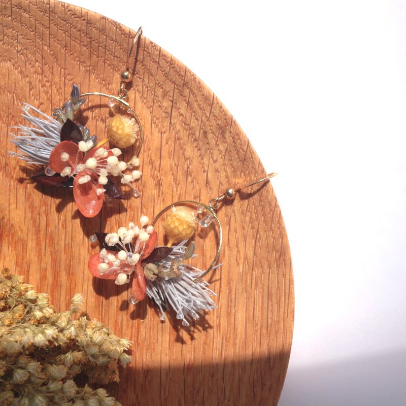 手作干燥花耳环耳夹 | No.04 雨の后 II - 耳环/耳夹 - 植物．花 红色