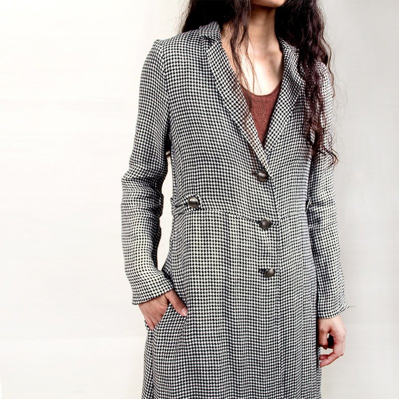 纯亚麻千鸟格长外套 - 女装休闲/机能外套 - 亚麻 