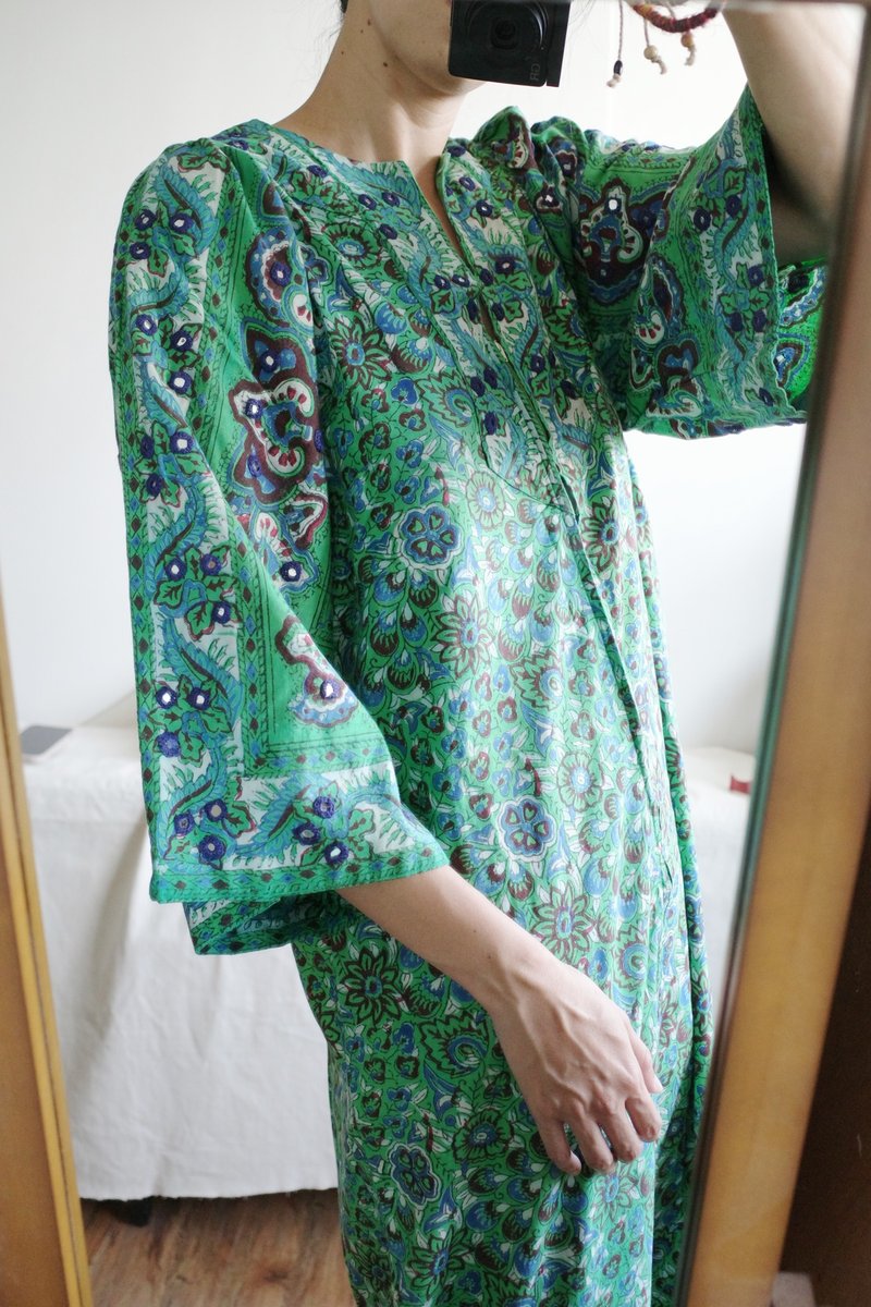 Vintage Romona Rull dress 嬉皮逸品 70s 巴基斯坦手工盖印洋装 - 洋装/连衣裙 - 棉．麻 