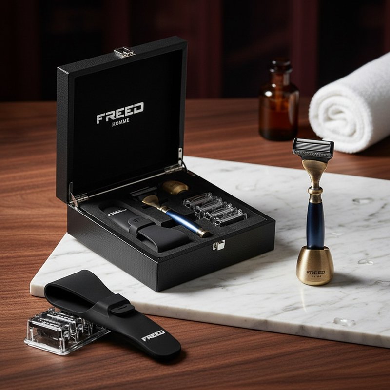【FREED】古铜系列尊爵四件组五刀式刮胡刀礼盒帝王蓝 定制化刻字 - 男性清洁护肤品 - 其他金属 蓝色