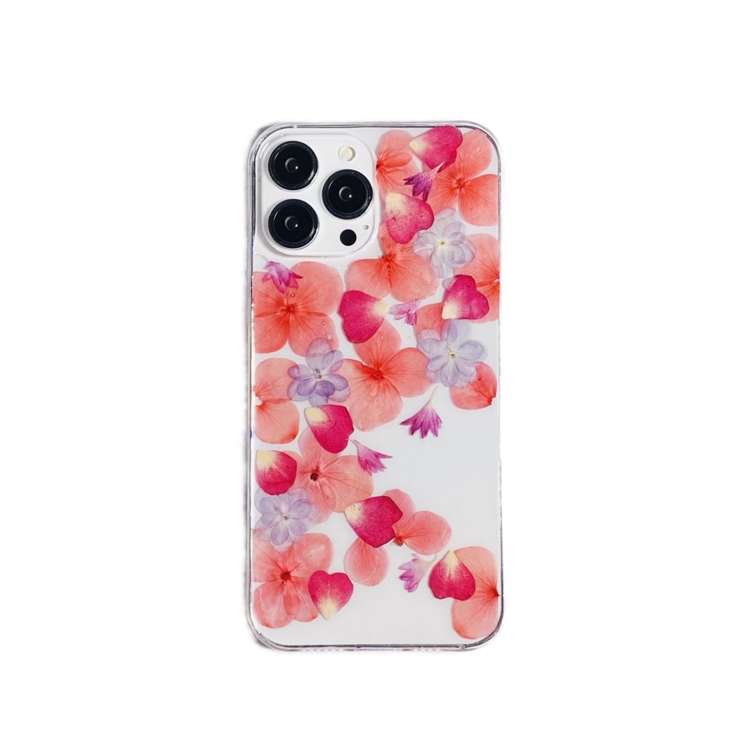 橙红绣球红玫瑰押花手机壳 适用于iPhone 16 Pro Max Samsung S25 - 手机壳/手机套 - 植物．花 