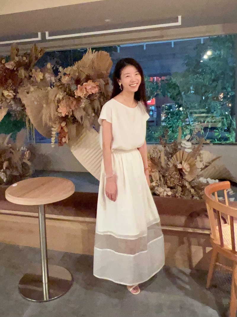粉黄细格拼接乌干纱裙 - 裙子 - 棉．麻 黄色