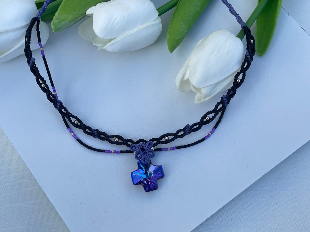221133 Macrame Swarovski 编织 颈链 - 项链 - 半宝石 黑色