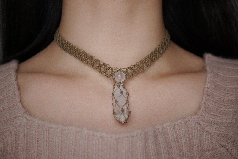 粉晶 白水晶 蜡线编织颈圈 - 项链 - 宝石 卡其色