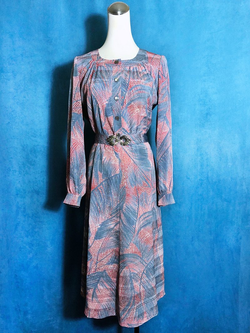 叶影织纹腰带长袖古着洋装/ 国外带回 VINTAGE - 洋装/连衣裙 - 聚酯纤维 粉红色