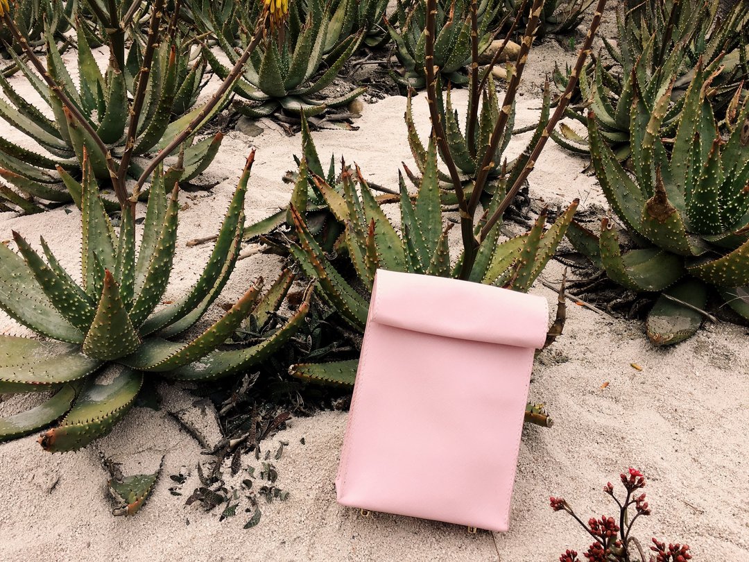 Saffiano Leather Lunch Bag - Pastel Pink, Baby Blue - 其他 - 真皮 粉红色