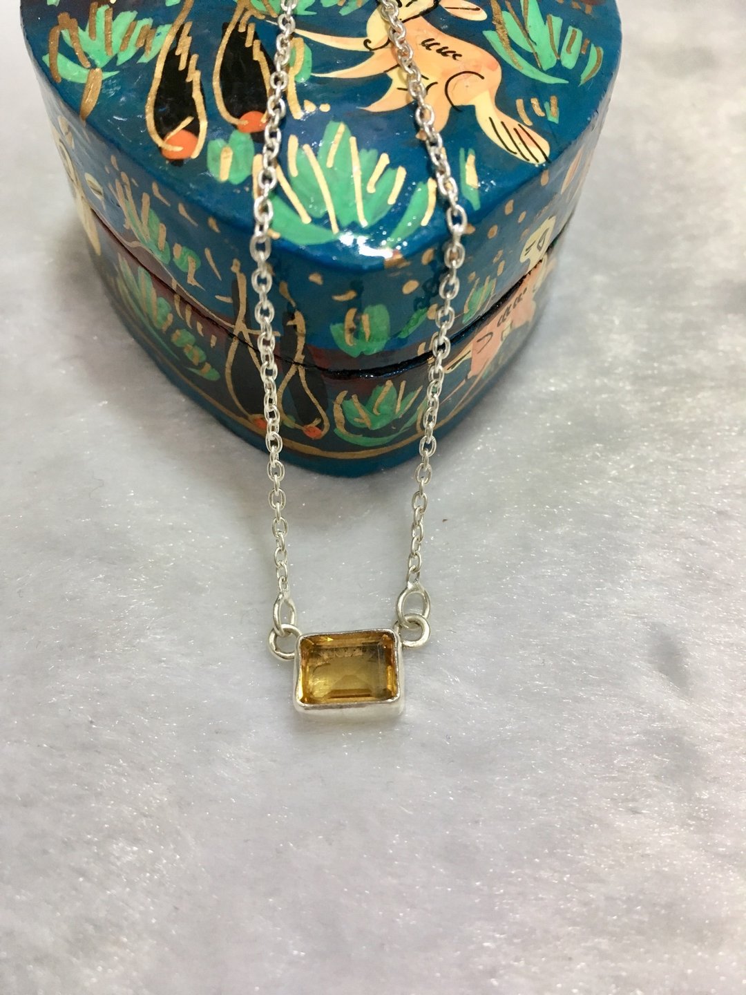方形天然黄水晶 锁骨坠 尼泊尔手工制 925纯银材质 - 项链 - 宝石 橘色