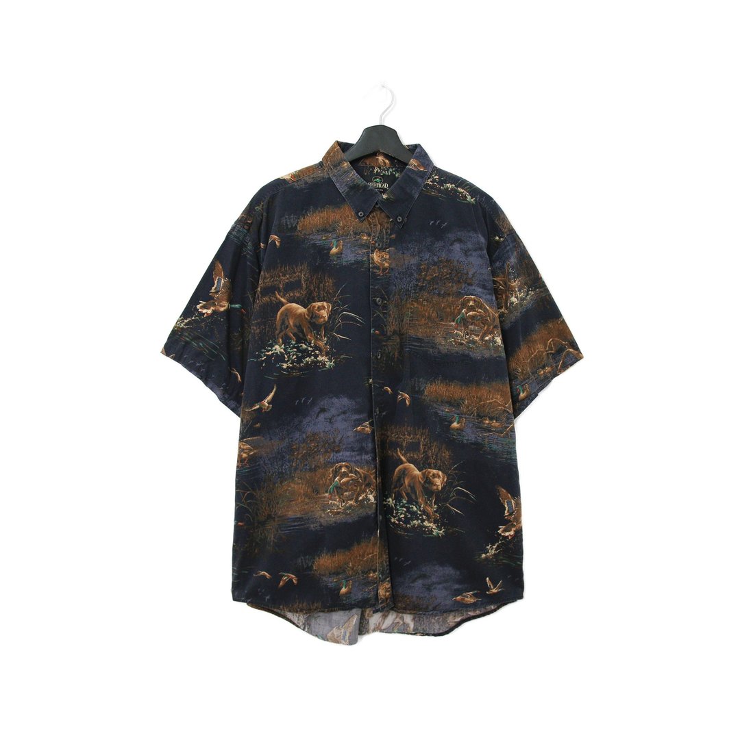 Back to Green- 动物图衬衫 深色底 追逐 猎犬 vintage shirt - 男装衬衫 - 棉 