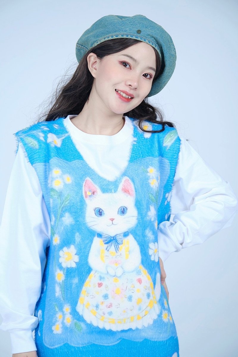 喵猫虫士多原创蓝色花环猫猫毛衣马甲 - 女装针织衫/毛衣 - 其他人造纤维 蓝色