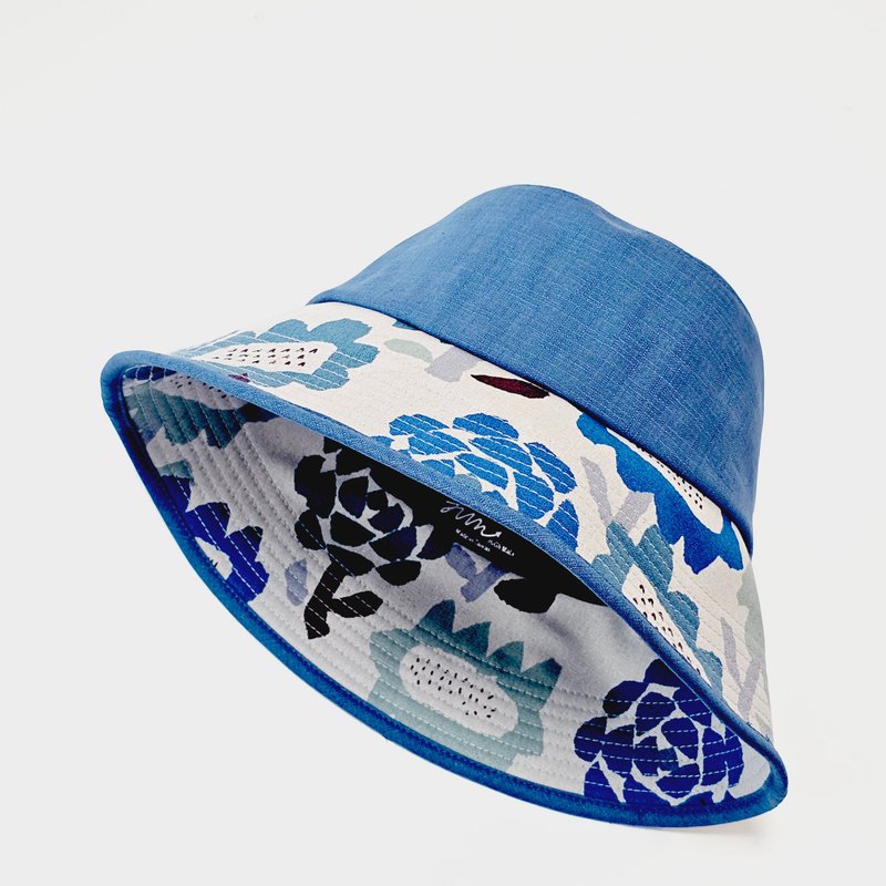 【HiGh MaLi】日韩贵妇系列/向日葵大帽檐遮阳帽/蓝色+蓝花 #限量 - 帽子 - 棉．麻 多色