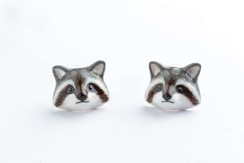 灰色小浣熊耳环~925纯银耳针 - 耳环/耳夹 - 珐琅 