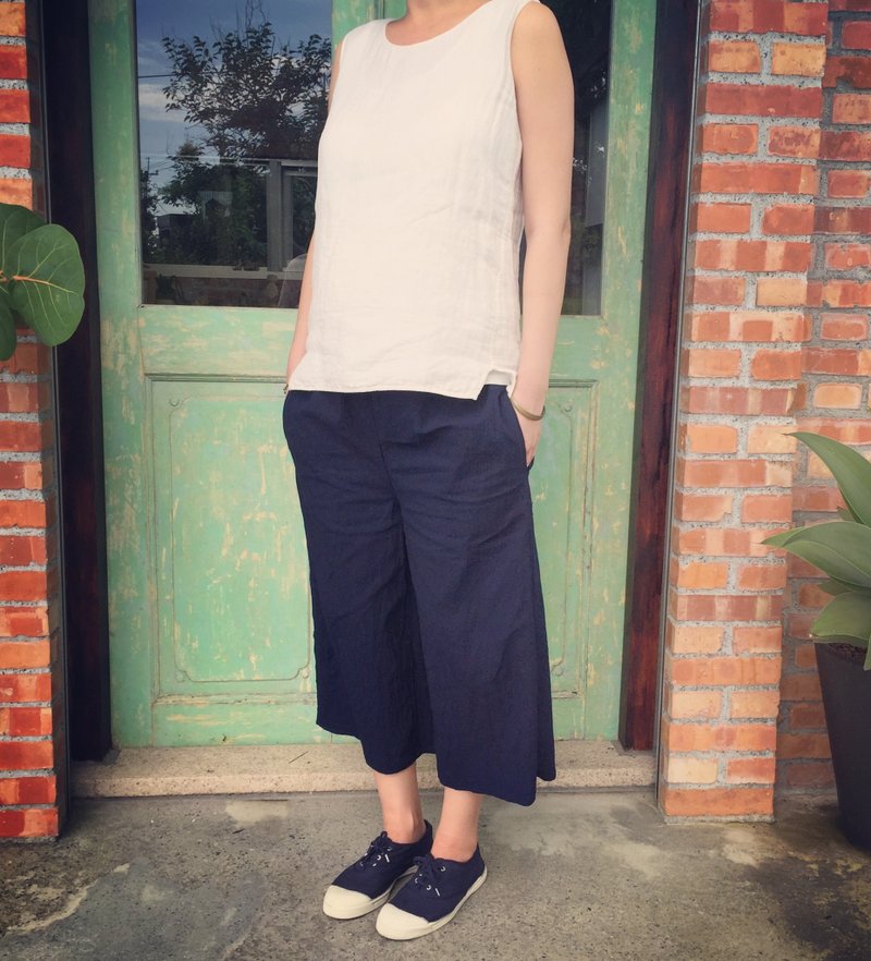手作服 天然植物染 indigo 蓝染口袋八分宽筒裤 - 女装长裤 - 棉．麻 蓝色