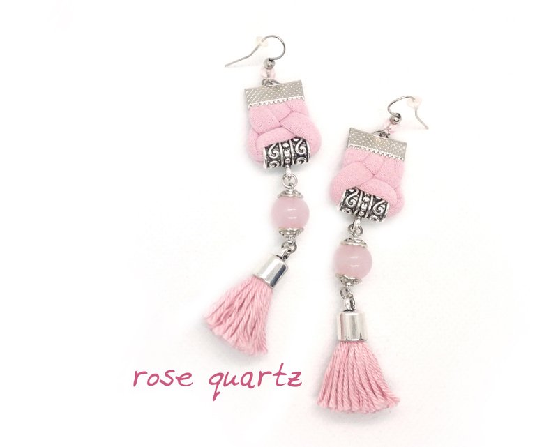 Pale Pink Rose Quartz Bohemian Tassel Earrings Fiber Accessory Gift for Women - 耳环/耳夹 - 宝石 粉红色