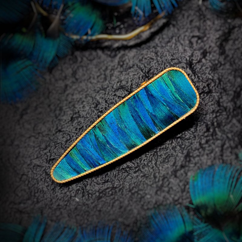 【手作】 点翠工艺 孔雀羽毛镶嵌几何发夹 款式2 - 发饰 - 玫瑰金 金色