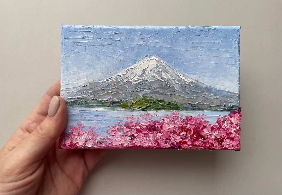 富士山与樱花油画画布小风景 - 墙贴/壁贴 - 棉 粉红色