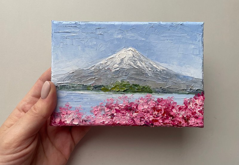 富士山与樱花油画画布小风景 - 墙贴/壁贴 - 棉．麻 粉红色