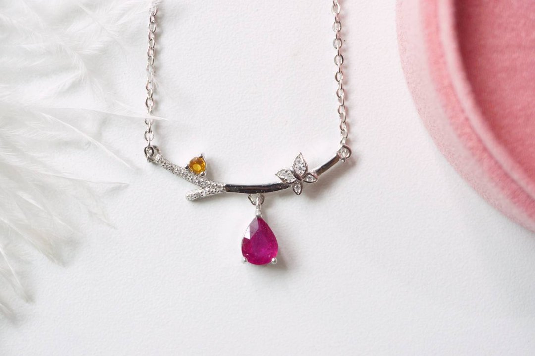 Natural Ruby Necklace Silver925, butterfly pendant, ruby pendant silver925 - 项链 - 纯银 红色