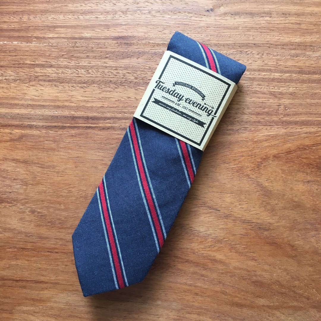 Neck tie Navy-Red stripe - 领带/领带夹 - 棉 蓝色