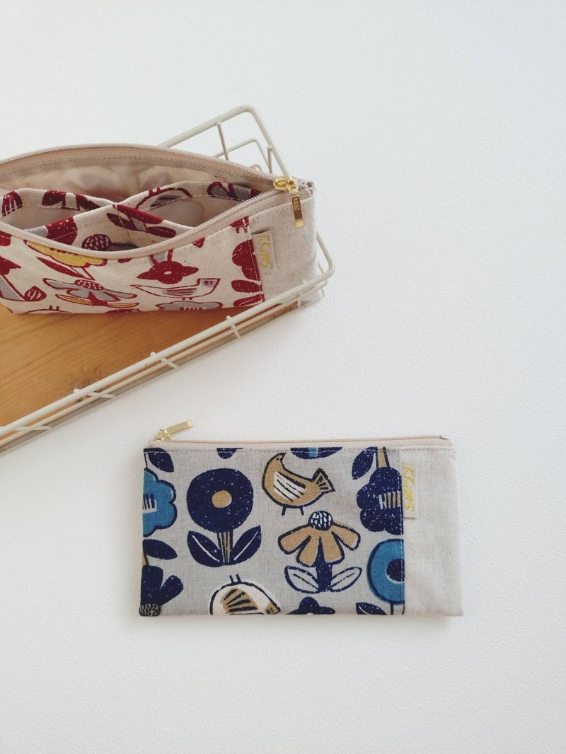 【FBR/分类钱袋】花鸟涂鸦 红 蓝 四格层 内里防泼水 - 皮夹/钱包 - 棉．麻 多色