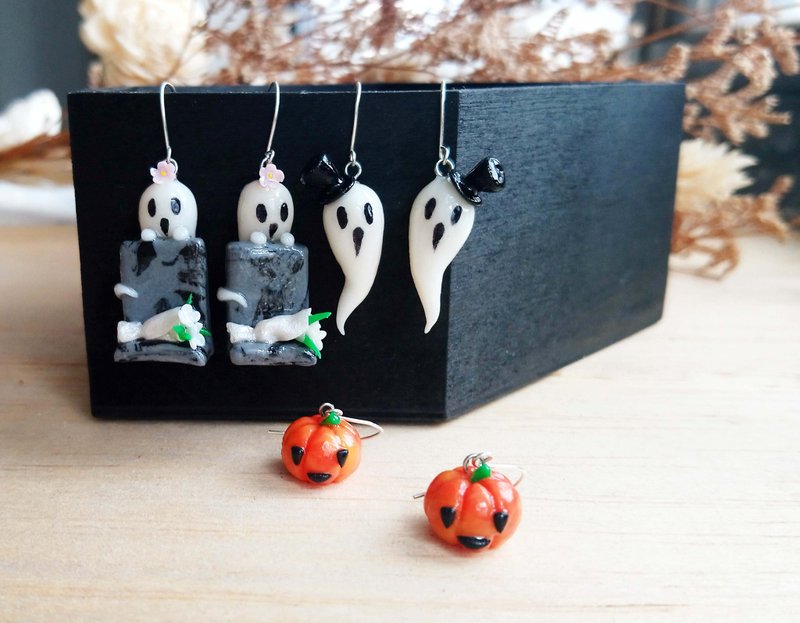 【万圣节限定】鬼魂南瓜墓碑 纯银耳环/耳夹 - 耳环/耳夹 - 粘土 多色