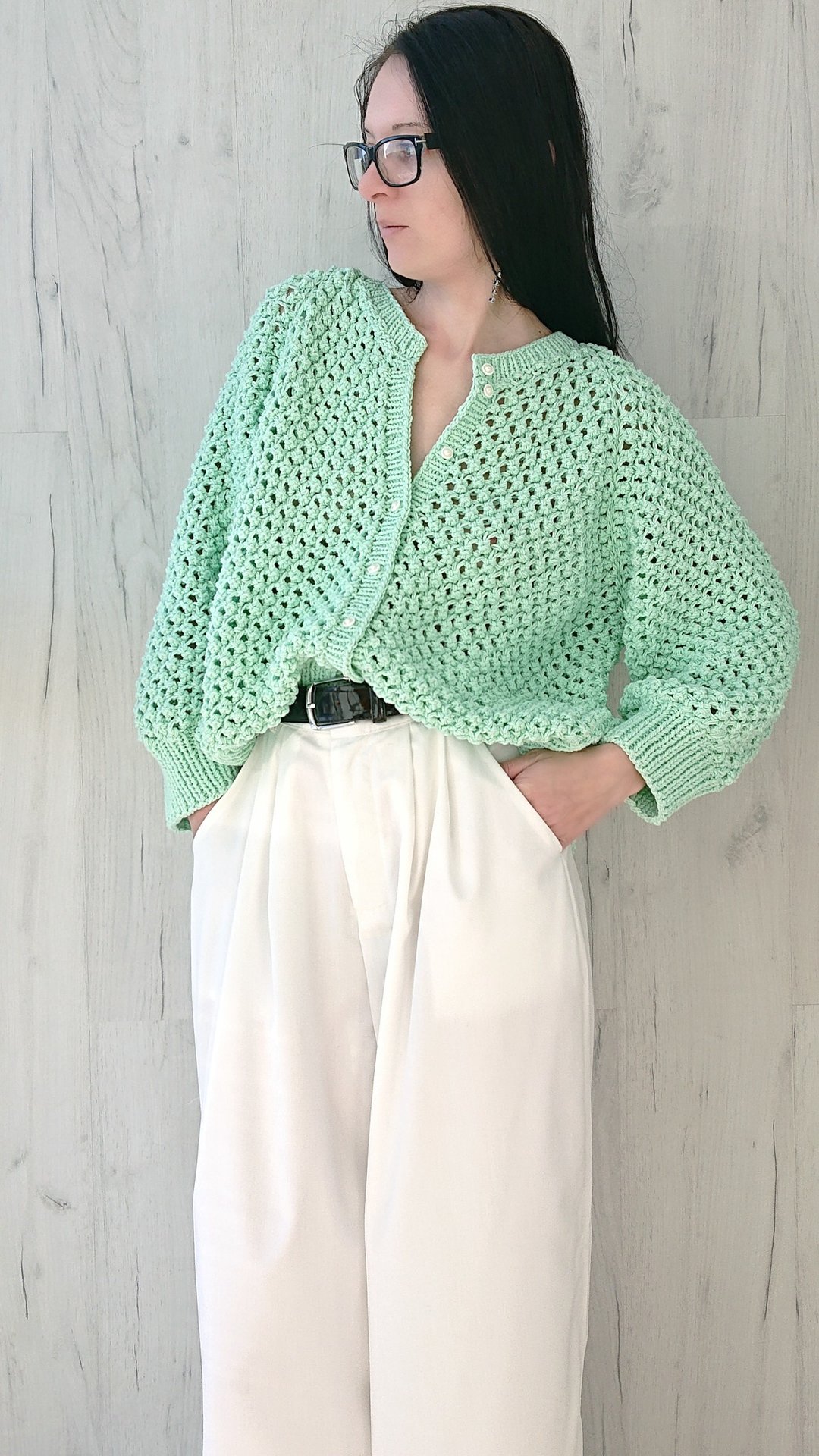 Mint green sweater Crop cardigan Knit blouse Cotton jacket summer Textured top - 女装针织衫/毛衣 - 棉 