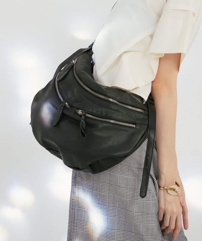 率性金属   真皮斜肩背包侧背包 黑 - 侧背包/斜挎包 - 真皮 黑色