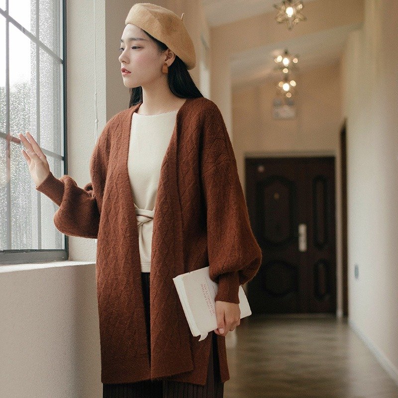 安妮陈2017冬装新款女士收袖口针织开衫外套 - 女装休闲/机能外套 - 棉．麻 咖啡色