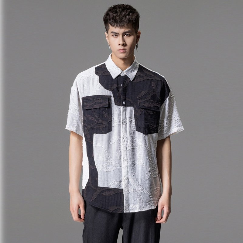 夏季提花贴布短袖衬衫  黑白撞色拼接男衬衣 - 男装衬衫 - 其他材质 