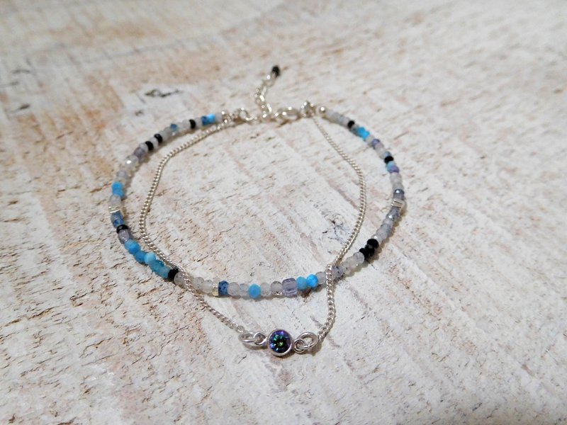 纯银双层天然mini浅蓝灰透宝石手链 - 手链/手环 - 其他材质 银色