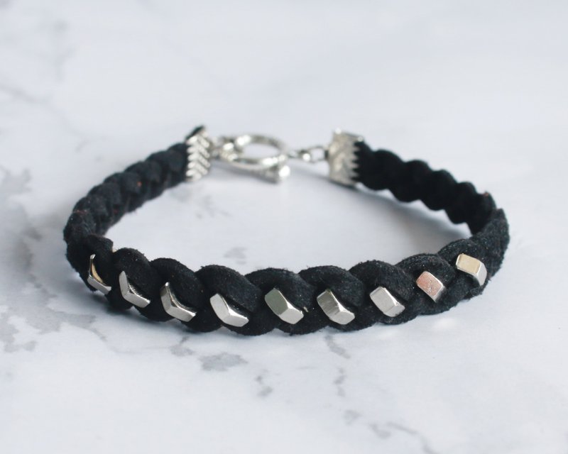 Black Unisex Friendship Bracelet, Hexagon Geometric Jewelry Gift for Friends - 手链/手环 - 人造皮革 黑色