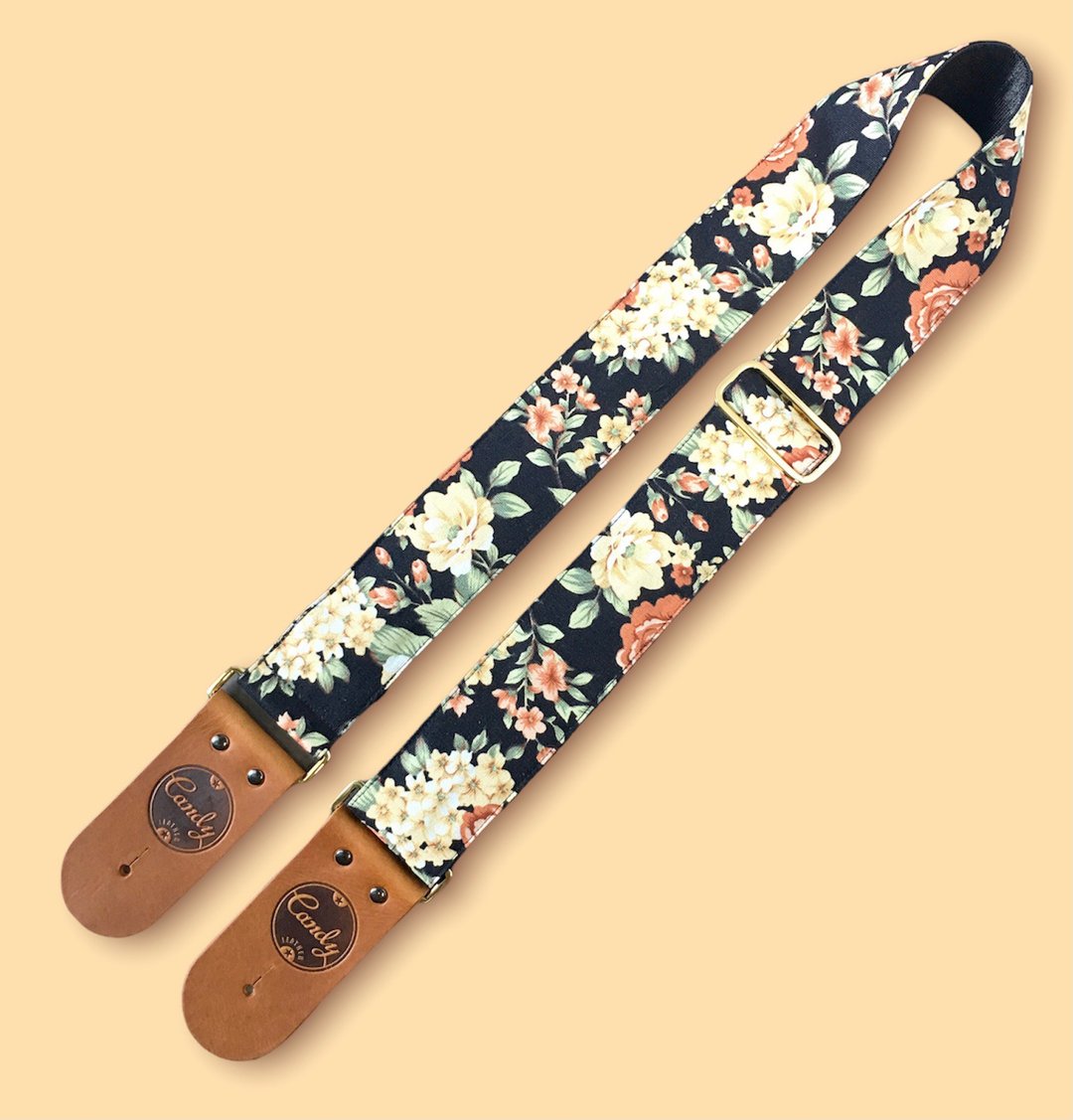 Black Orange Flora Guitar Strap - 其他 - 棉 黑色