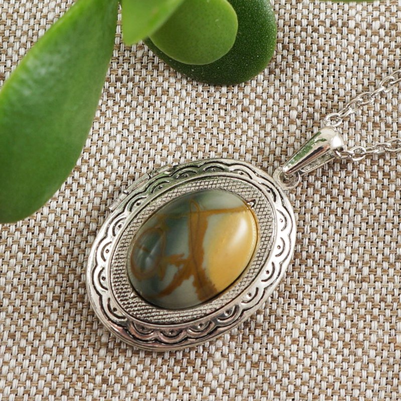 Picasso Jasper Silver Oval Photo Locket Boho Pendant Necklace Woman Jewelry Gift - 项链 - 半宝石 卡其色