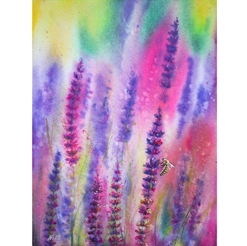 Pink Watercolor Flowers Painting Violet Meadow Wildflowers Original Artwork - 海报/装饰画/版画 - 纸 粉红色