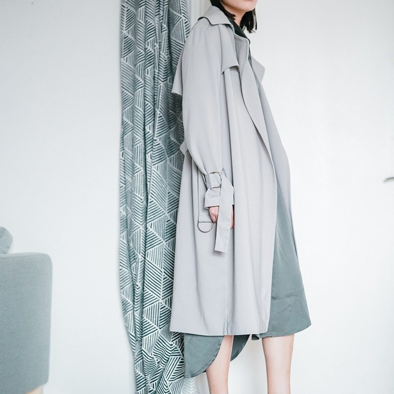 灰绿色 JANE春款中长款风衣 大象灰极简圆环系带翻领宽松女士外套  2017春季新品 翩翩垂坠感  | vitatha 番塔塔原创设计独立女装品牌 - 女装西装外套/风衣 - 聚酯纤维 灰色