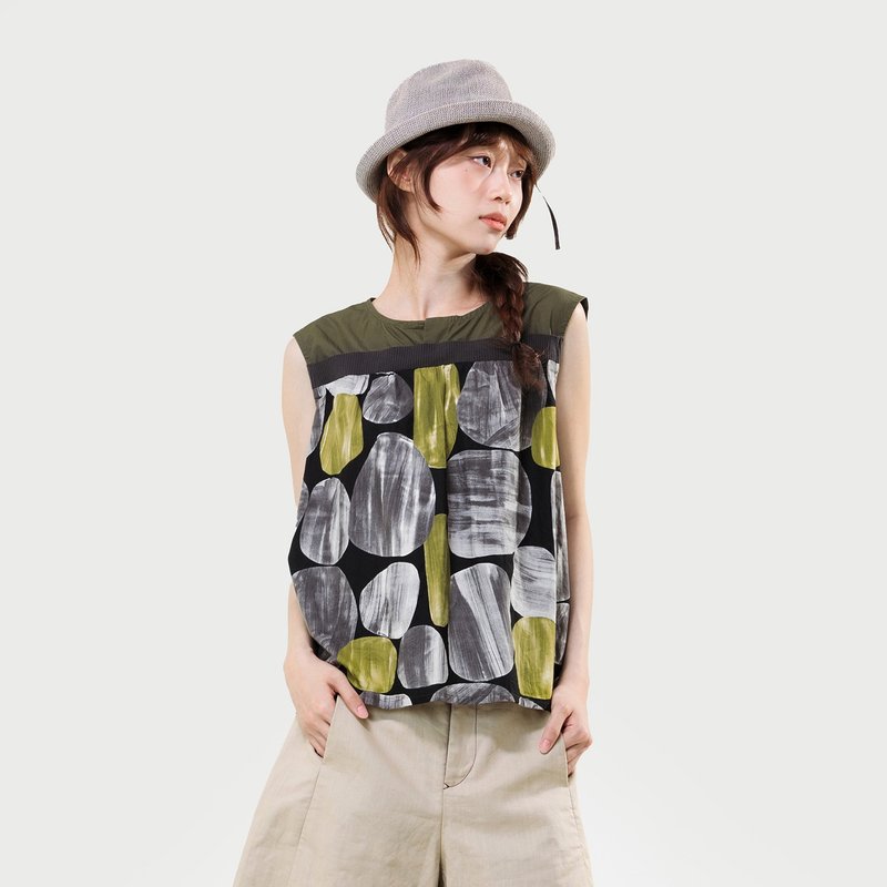 石头几何印花拼接无袖上衣 - 女装背心 - 棉．麻 多色