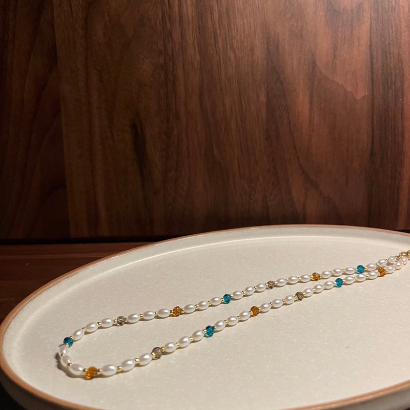 复古蓝棕撞色水晶珍珠项链 串珠项链 - 项链 - 其他材质 蓝色